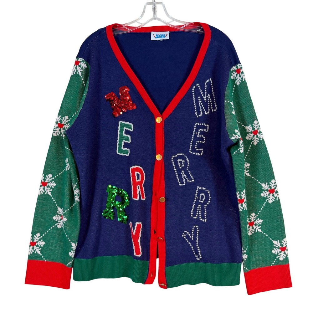 Merry Christmas Cardigan Sweater Ugly Xmas Sequin Snowflake XXL Kitschy Tacky